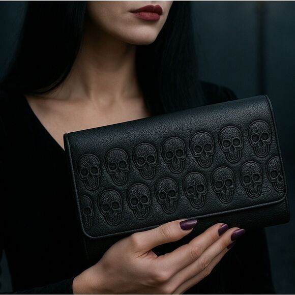 Handbags - Black Clutch With Pseudo Skull Design 💀 Super Slim /Crossbody- Removable Chain